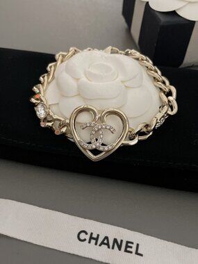 Chanel Silver-Tone Heart & CC Logo Charm Bracelet with Crystals